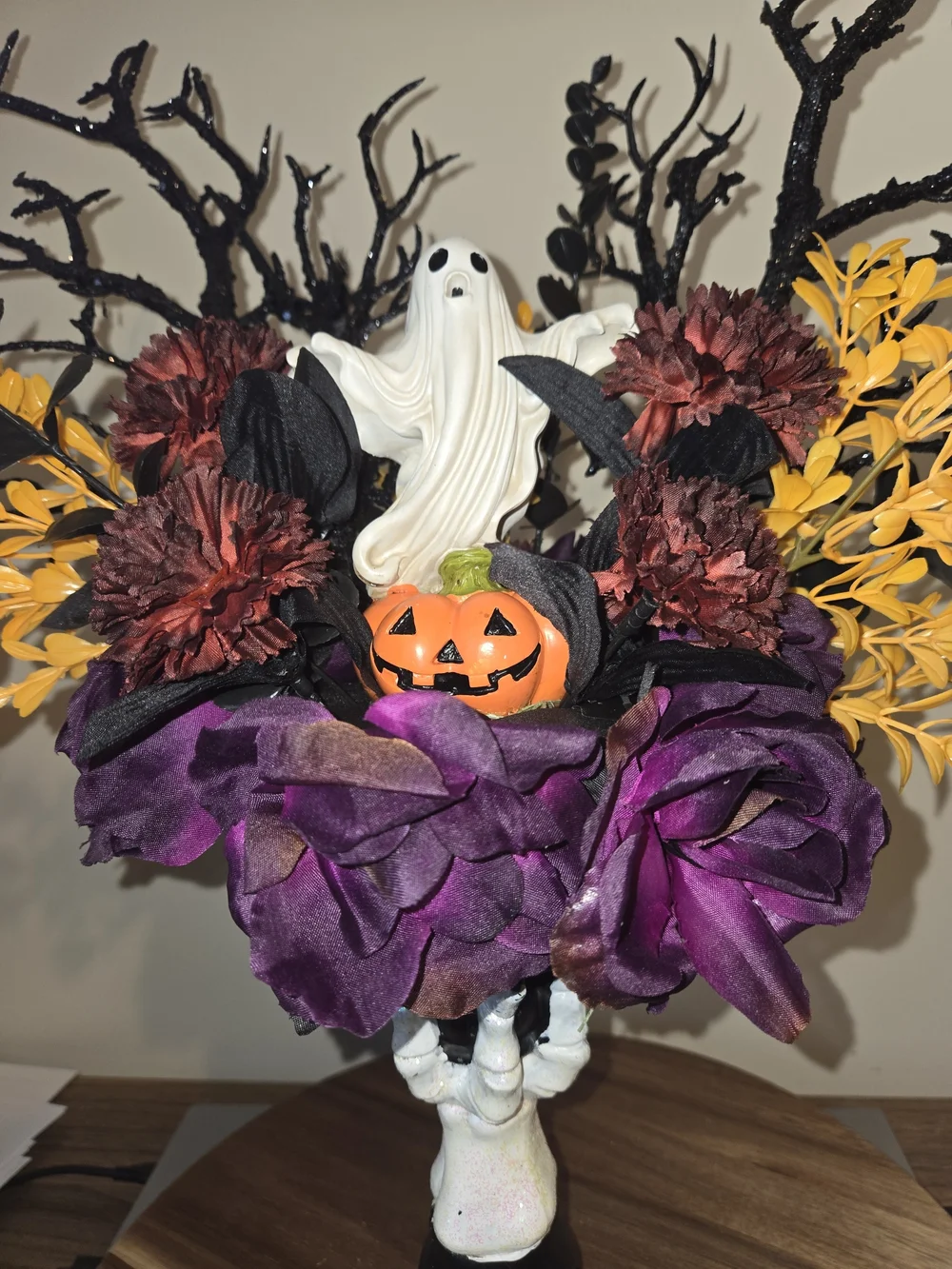 Halloween Faux Floral Arrangement with Purple, Orange & Black Accents W/ Ghost